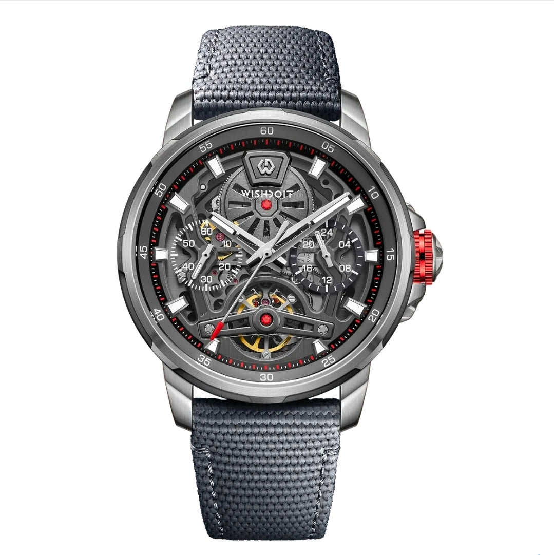 WISHDOIT ARISTOS Automatic Silver Watch-Skeleton Mechanical Luxury Watch Grey Strap.