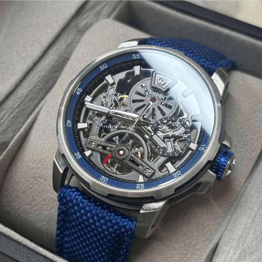 WISHDOIT ARISTOS Automatic Silver Watch-Skeleton Mechanical Luxury Watch Grey Strap.