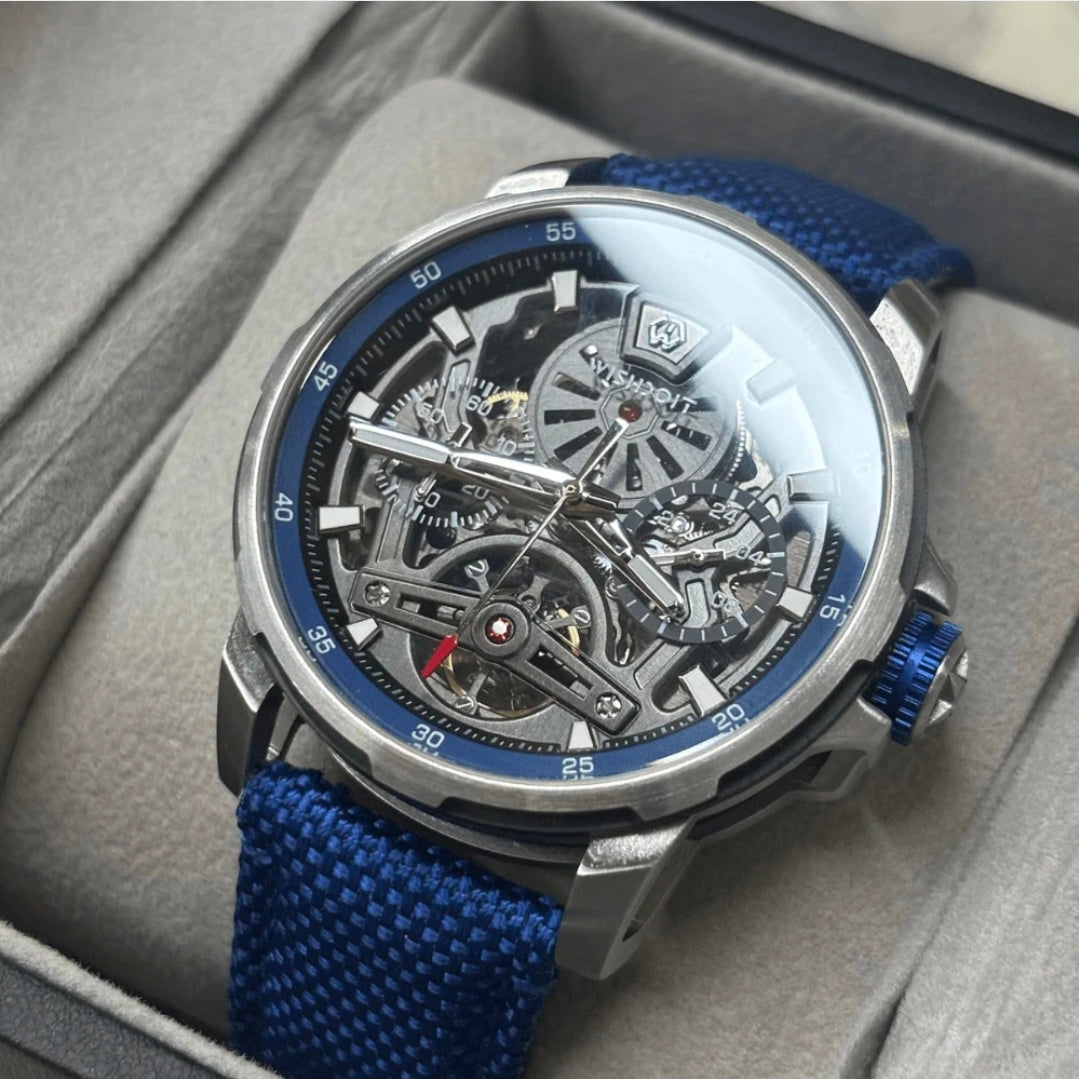 WISHDOIT ARISTOS Automatic Silver Watch-Skeleton Mechanical Luxury Watch Grey Strap.