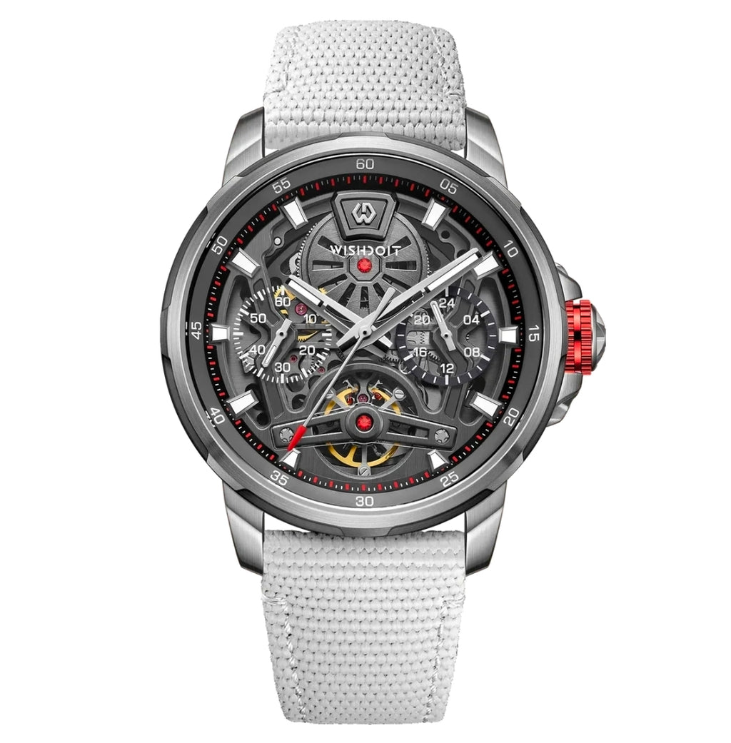 WISHDOIT ARISTOS Automatic Silver Watch-Skeleton Mechanical Luxury Watch Grey Strap.