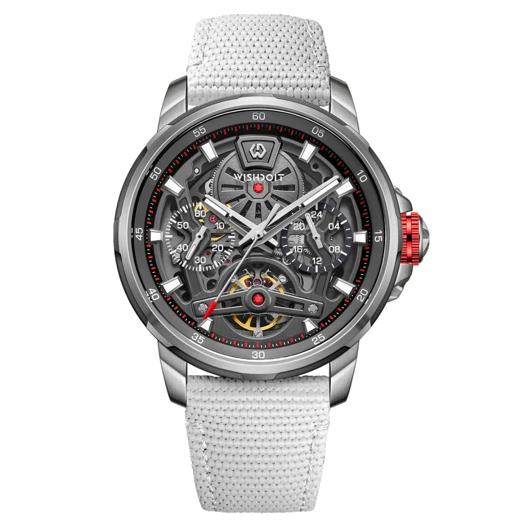 WISHDOIT ARISTOS Automatic Silver Watch-Skeleton Mechanical Luxury Watch Grey Strap.