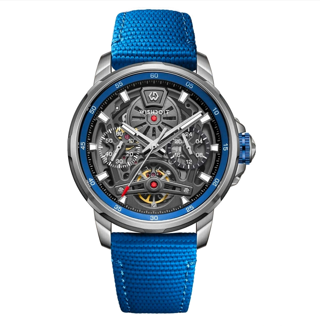 WISHDOIT ARISTOS Automatic Silver Watch-Skeleton Mechanical Luxury Watch Grey Strap.