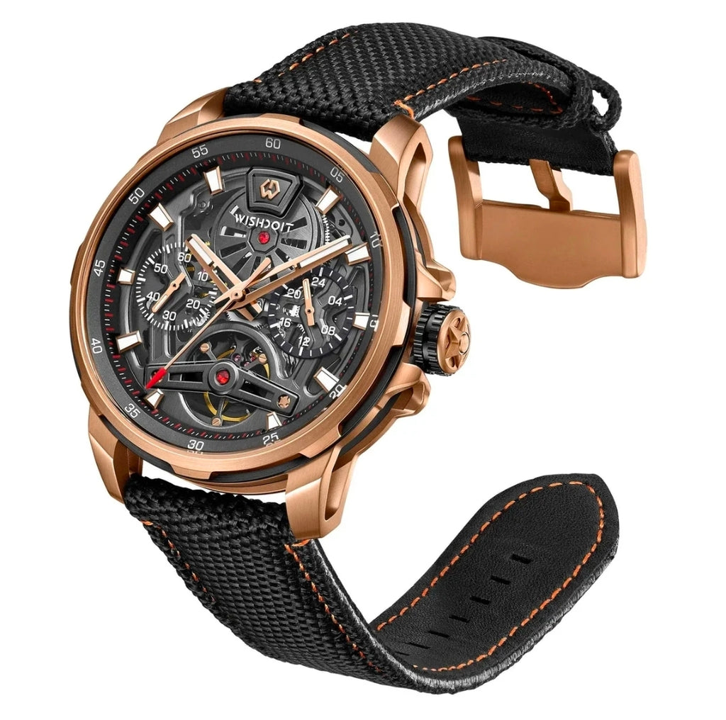 WISHDOIT ARISTOS Automatic Silver Watch-Skeleton Mechanical Luxury Watch Grey Strap.